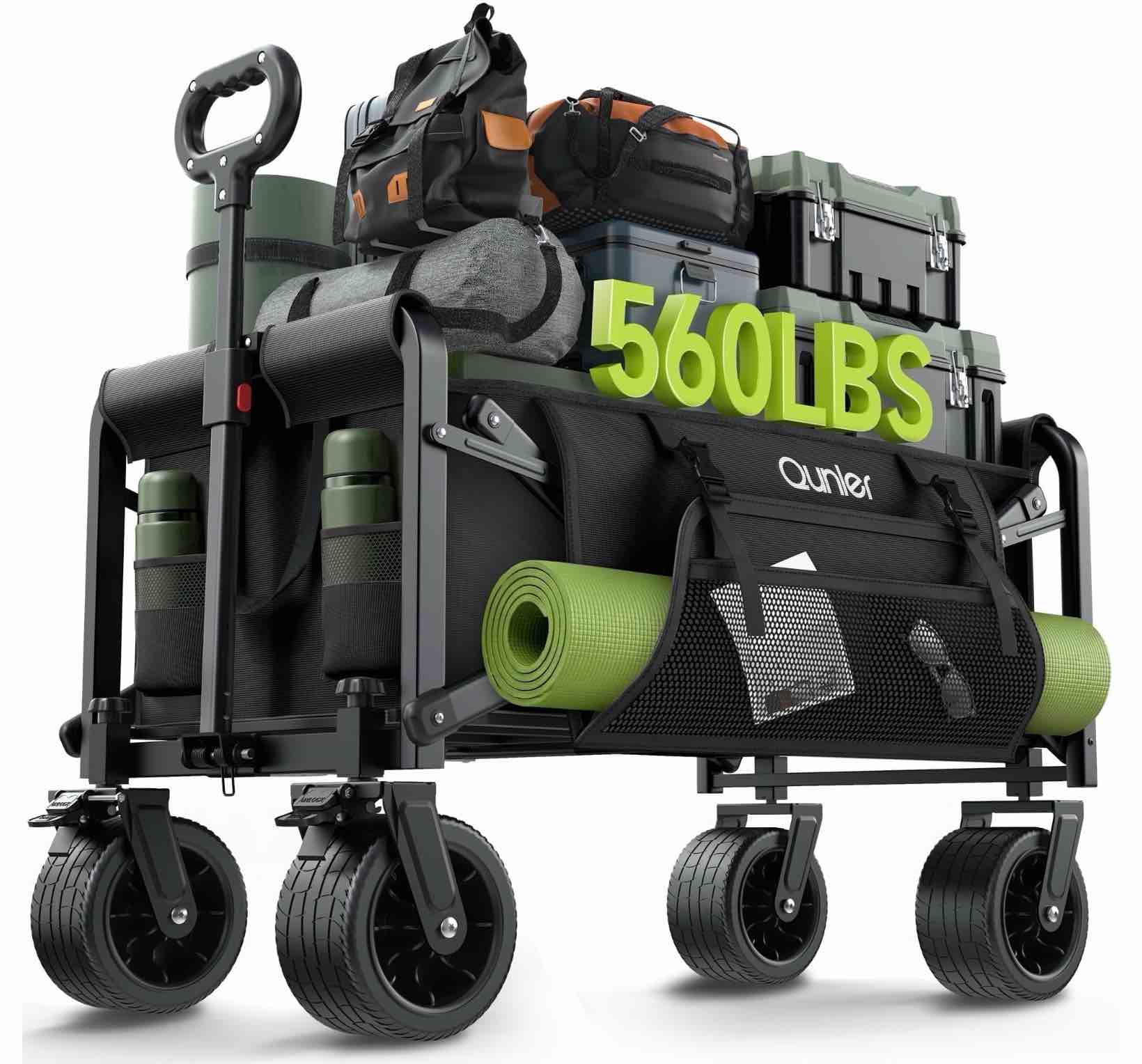 Qunler 560lbs Large Collapsible Folding Wagon with Oversized Tank Wheels, Heavy Duty Big Bucket Utility Garden Cart with Side Pocket for Sports, Shopping, Camping, Kids, Black