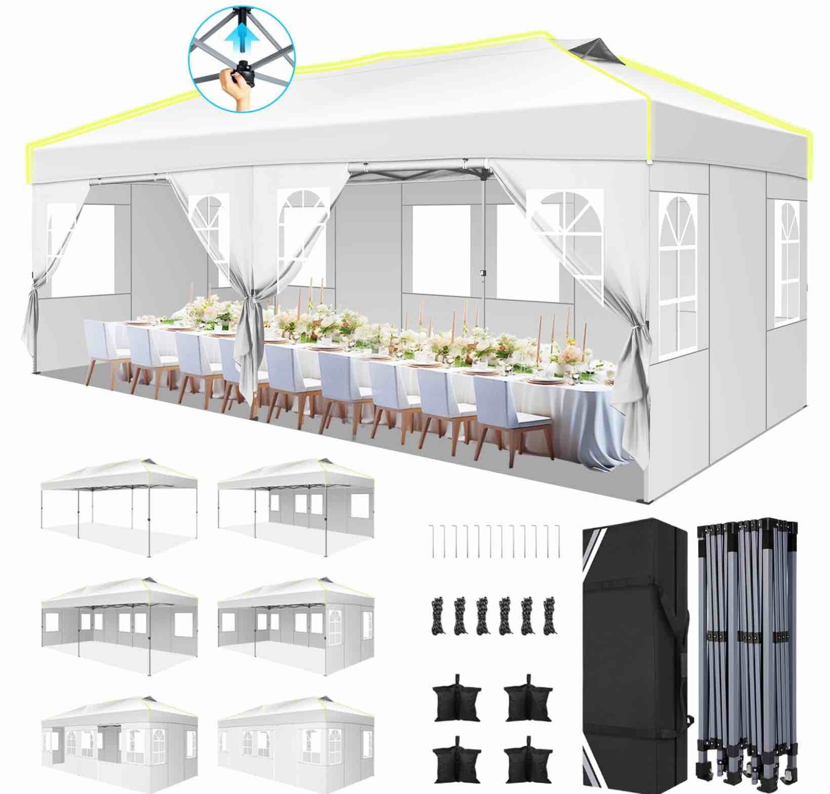 HOTEEL 10x20 Pop up Canopy Tent with 6 Sidewalls Canopy for Outside Instant Waterproof Party Canopy Tent for Beach Garden Party Camping Outside with Air Vent Reflective Strip 4 Sandbags White