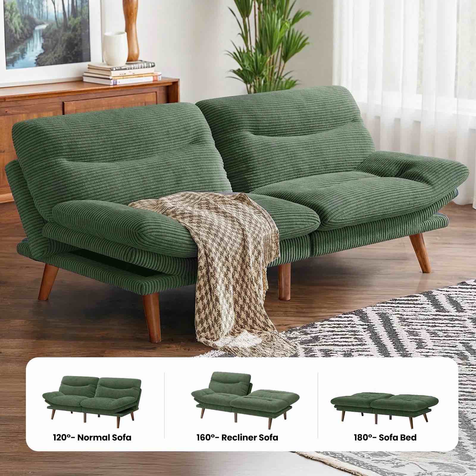 CHITOOMA 75" Corduroy Futon Sofa Bed, Green Convertible Couch with Adjustable Backrest and 6-Level Armrests, Comfy Sleeper Sofa for Living Room, Apartment, or Office