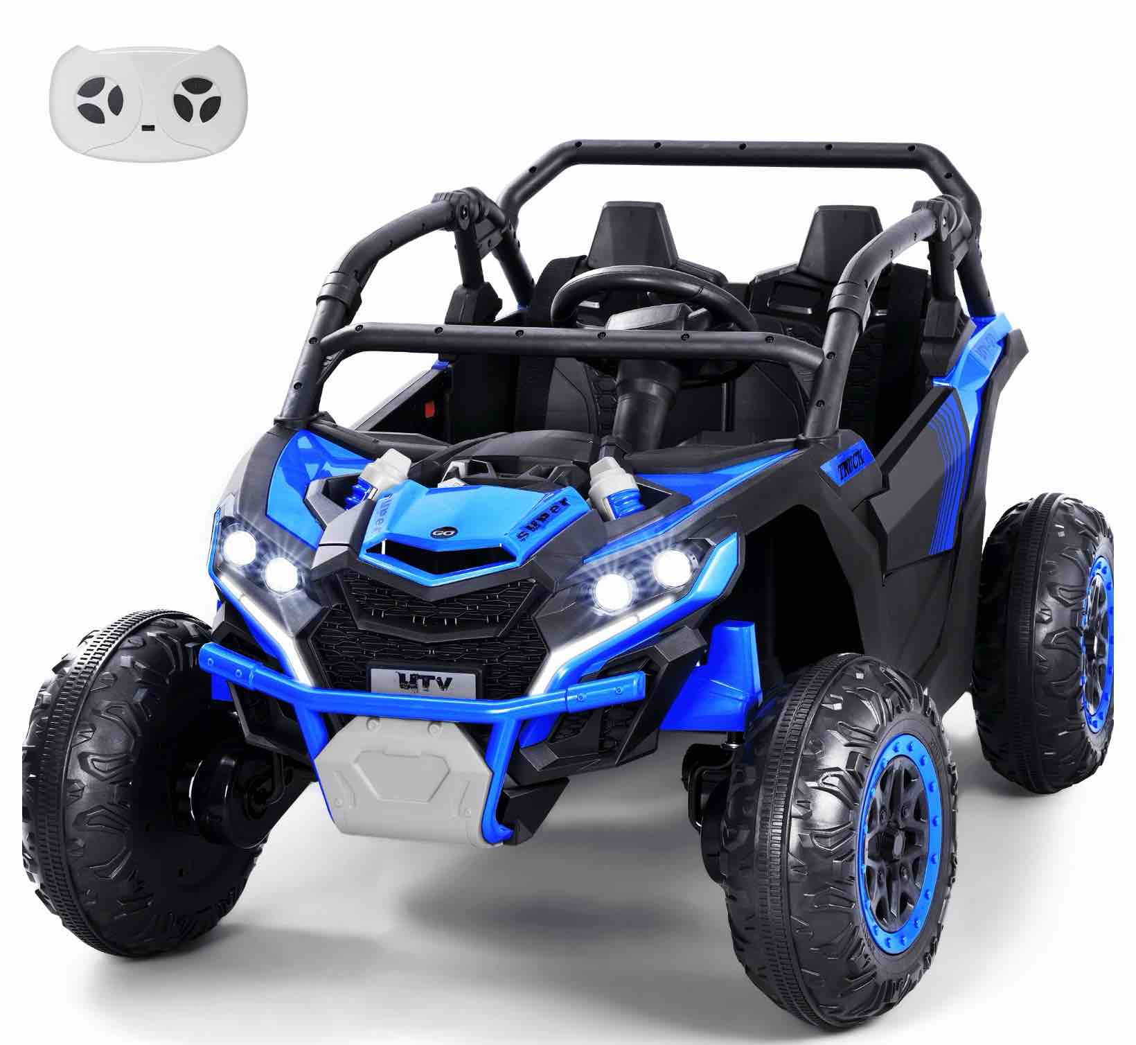 Wisairt 24V Ride on Toys 4WD Ride on Cars with Remote Control, 2 Seater Electric Car for Kids, Power Car Wheels, UTV w/ 4 Motors, Music, Lights, 3 Speeds, Blue