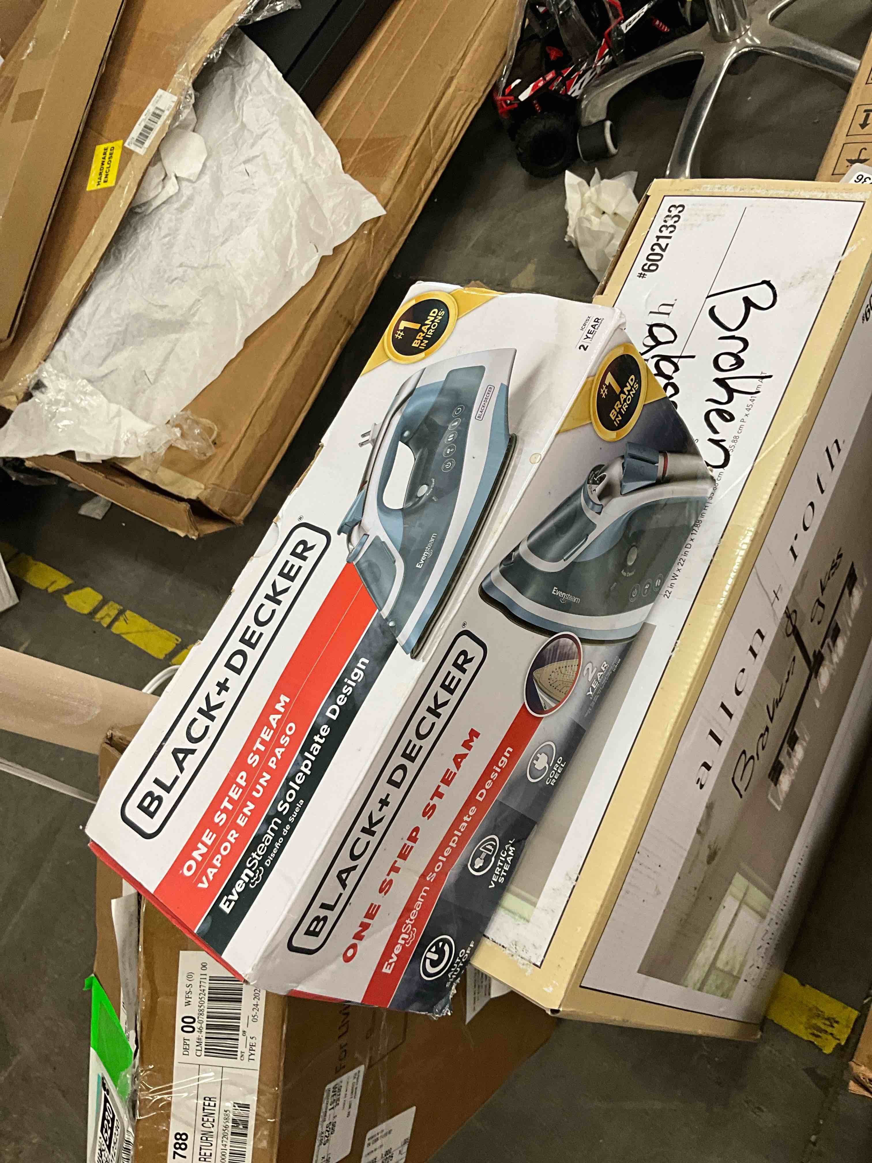 Condition photo showing As Is for black+decker steam iron retractable cord gray: 1200w nonstick soleplate, anti-drip, vertical steam, comfort-grip handle