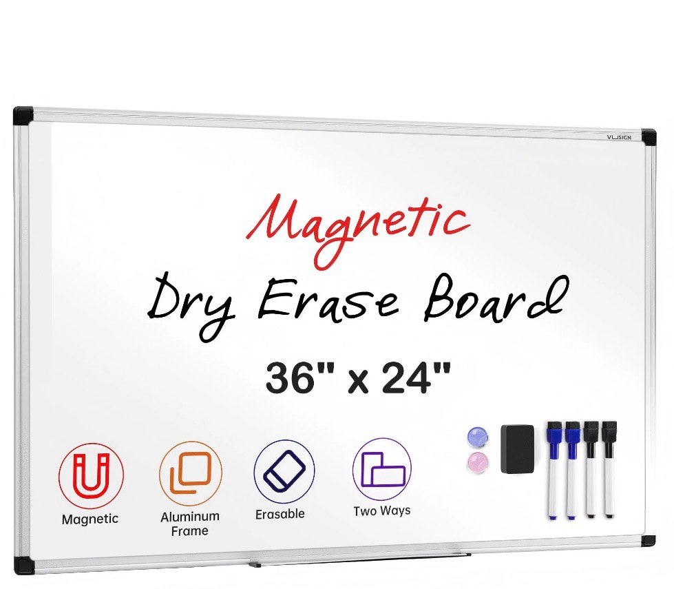 vusign magnetic whiteboard dry erase board, 36 x 24 inches, wall mounted white board with pen tray, silver aluminium frame 36" x 24"