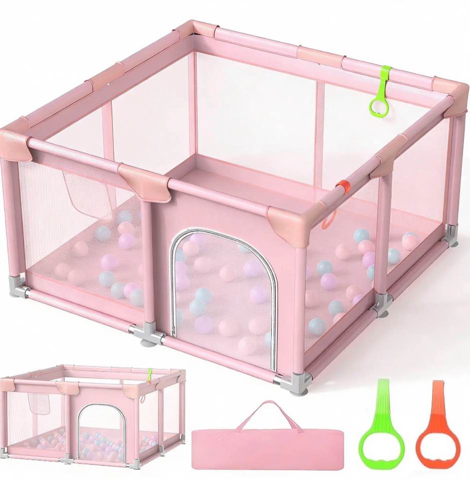 joystone baby playpen, 50 x 50 in, non-slip base, soft mesh sides, 2 pull-up rings, carry bag, pink