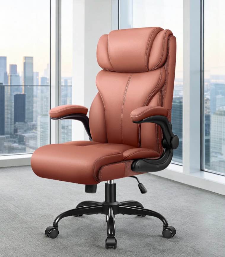 ATHOPE Leather Office Chair, Big and Tall Office Chair with Lumbar Support, High Back Executive Desk Chairs with Flip-up Armrest, Breathable PU Ergonomic Computer Chair, 360°Swivel Free, Brown