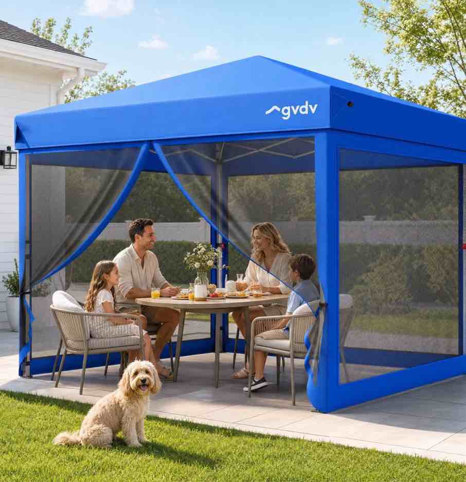 GVDV 10x10ft Easy Pop-Up Canopy, Outdoor Screen Tent with Mosquito Netting, 2 Zipper Doors, and Carry Bag for Yard Camping Picnic Party Events, Blue