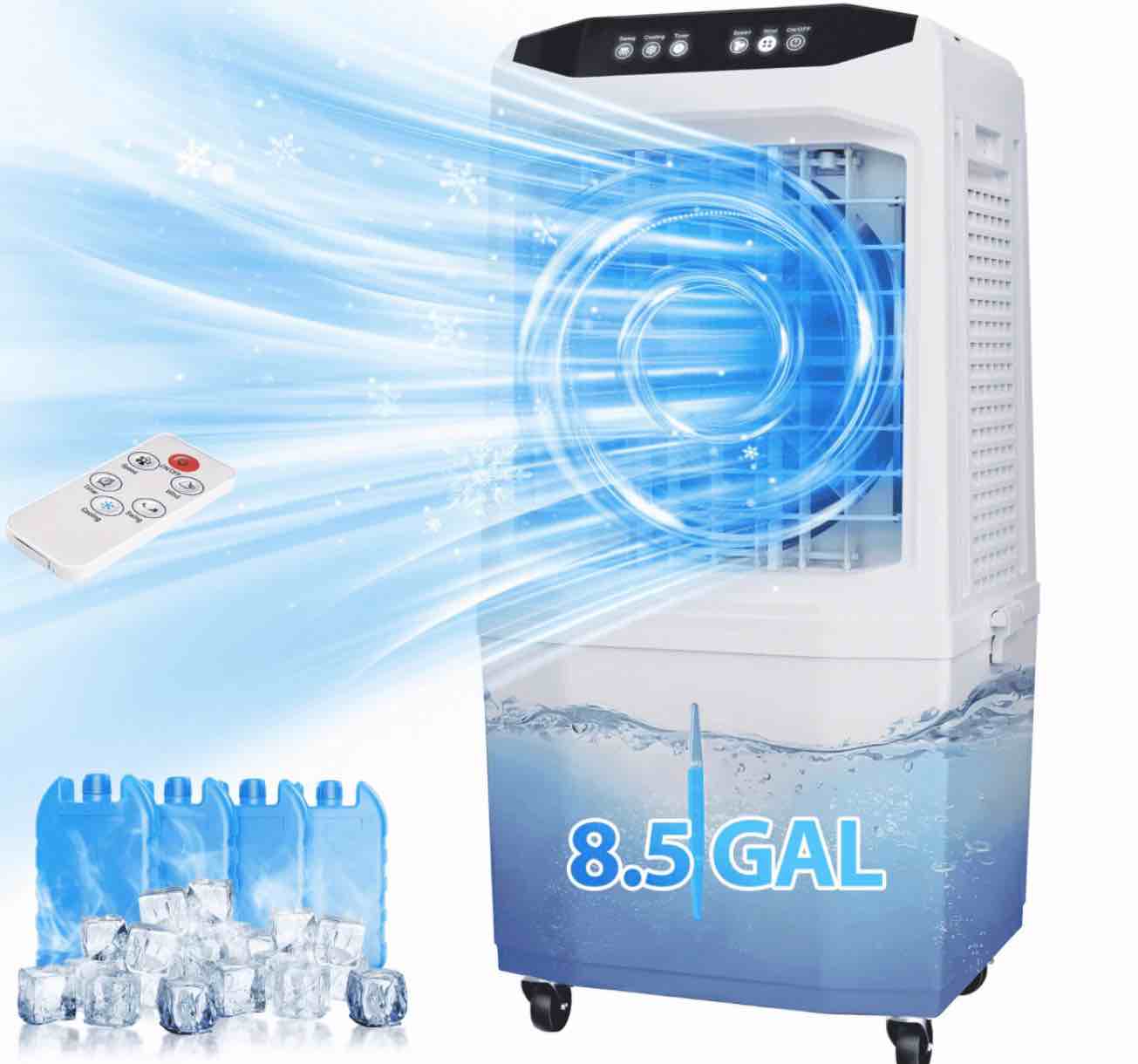Cooler Fan  90° Auto Swing Air Cooling Fan  7 Gal Water Tank for 30H Cooling  3 Modes & 3 Speeds 12H Timer