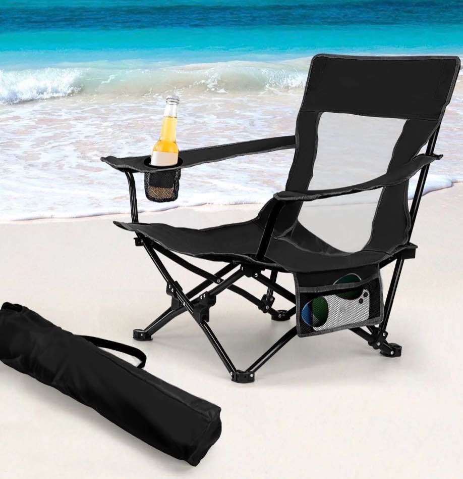 coliware folding backpack beach chair, black compact lightweight camping chair with carry bag cup holder, small outdoor reclining low-profile travel chair for adults, heavy-duty