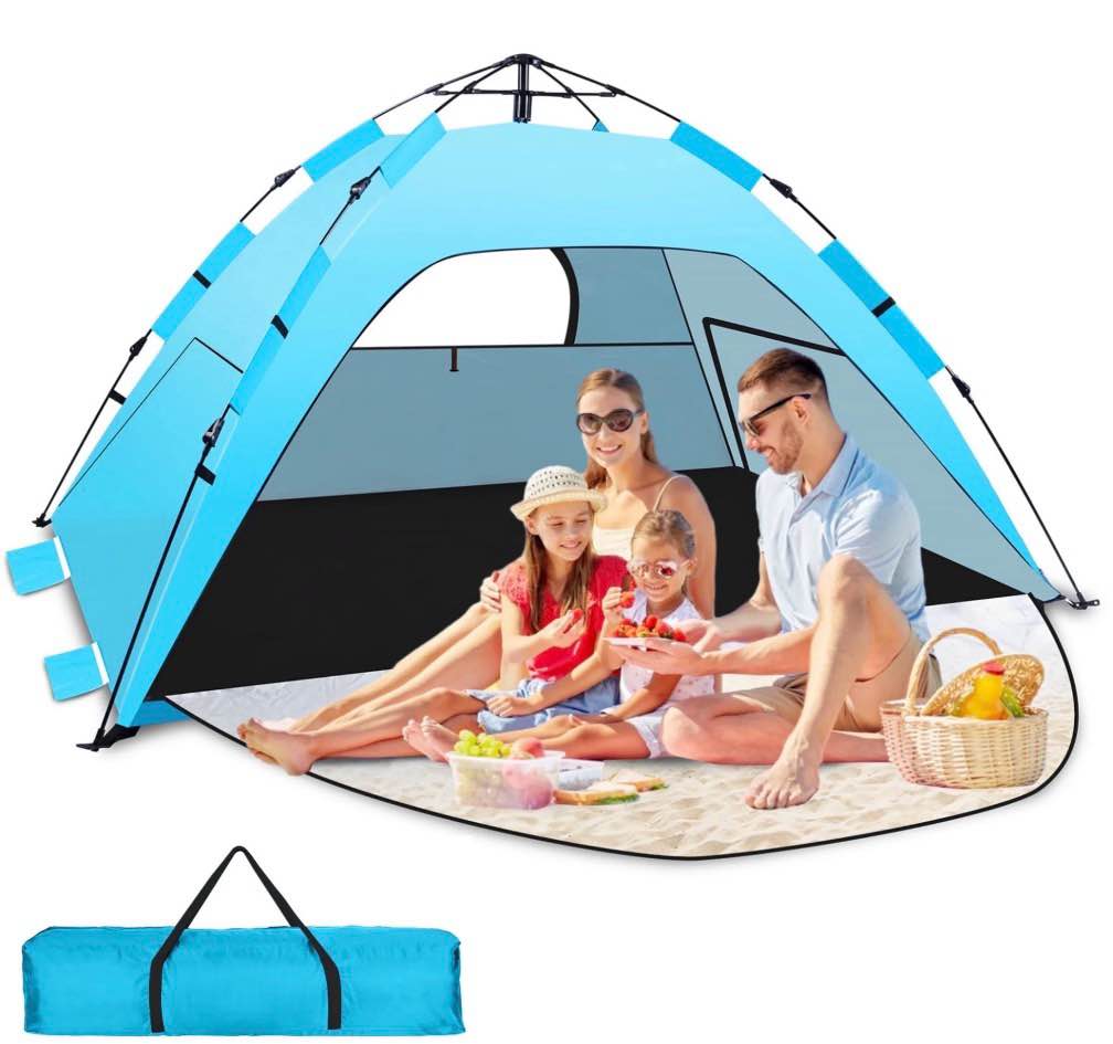 warmtuyo pop up beach tent for 2-3 person, upf 50+ sun shelter, portable extendable beach canopy, for camping, hiking, outdoor, with zip and privacy screen, -sky blue
