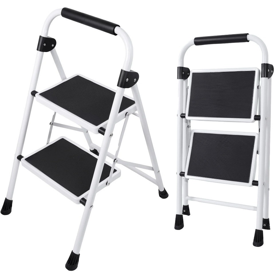 edx 2-step folding step stool for adults - 330 lbs capacity, sturdy steel frame, wide non-slip pedal & top handrail, lightweight portable ladder for home kitchen, black
