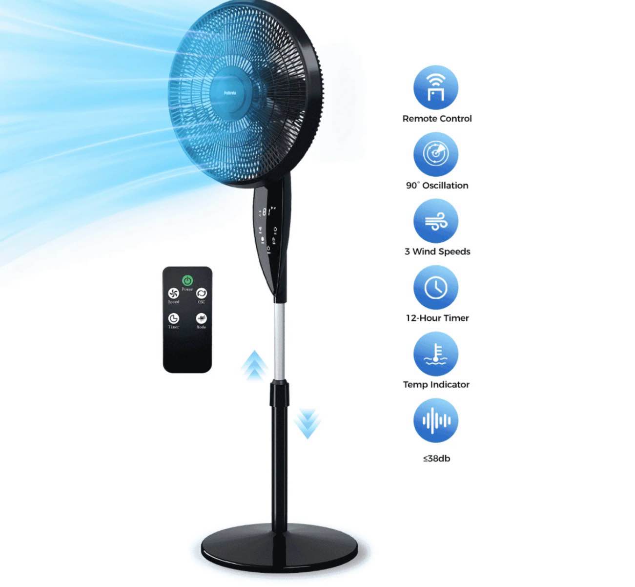 16 oscillating pedestal fan with remote ultra-high 3-speed 3-mode standing floor fan with height adjustment 12h timer 90° oscillating quiet cooling fan for bedroom home office
