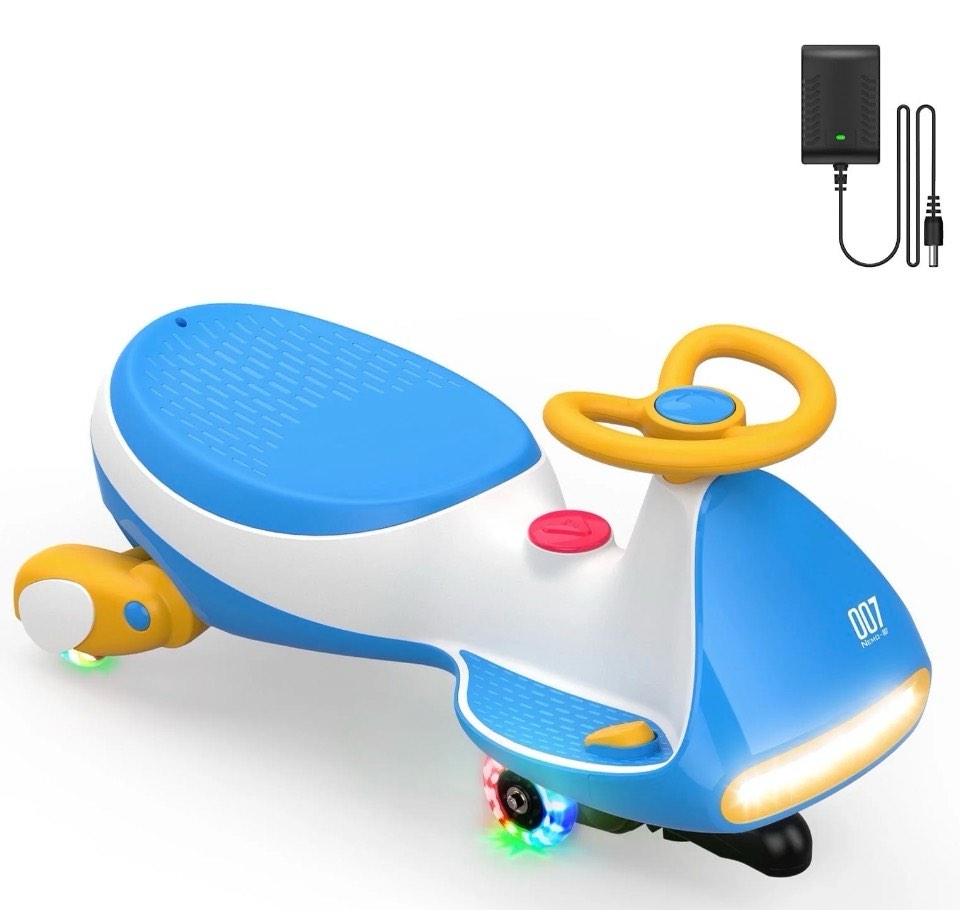 fanttikride 12v n7 pro electric wiggle car with pedal, 2-in-1 kids ride on toy, rechargeable battery, 2-speed, anti-rollover, flashing wheels, bluetooth music, for ages 3+, 150 lbs, sailor blue