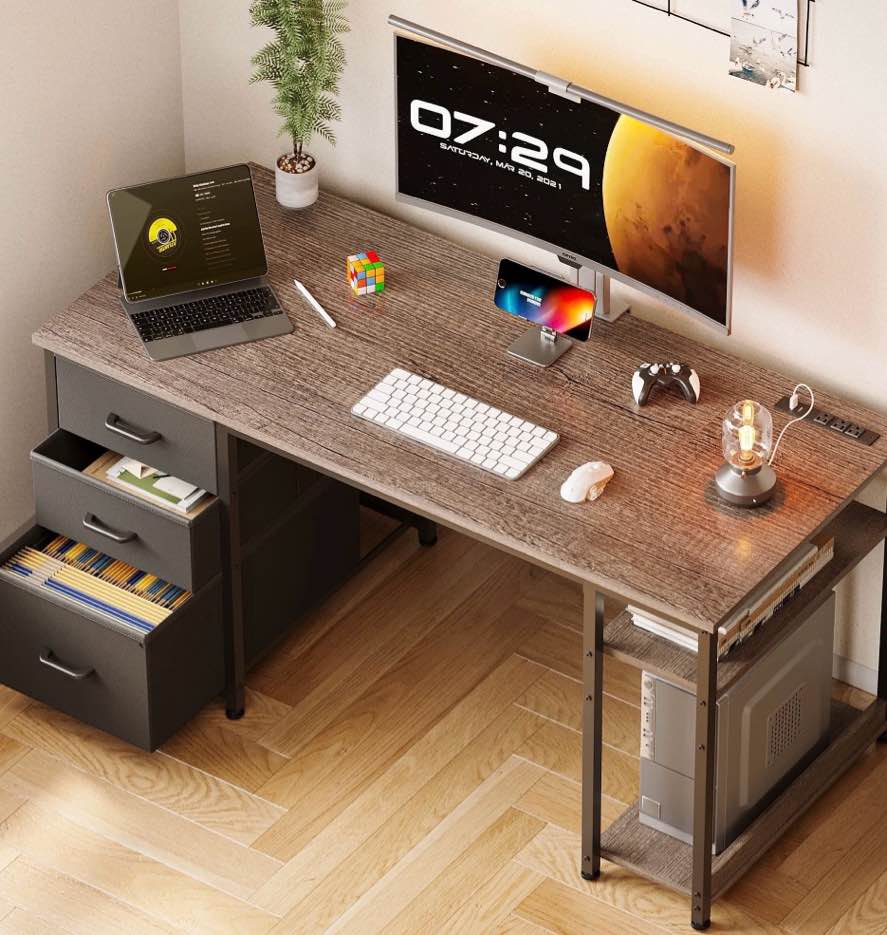 51 inch computer desk with file drawers & usb power outlets- reversible home office desk with storage shelves, work from home, writing table for bedroom, gray oak