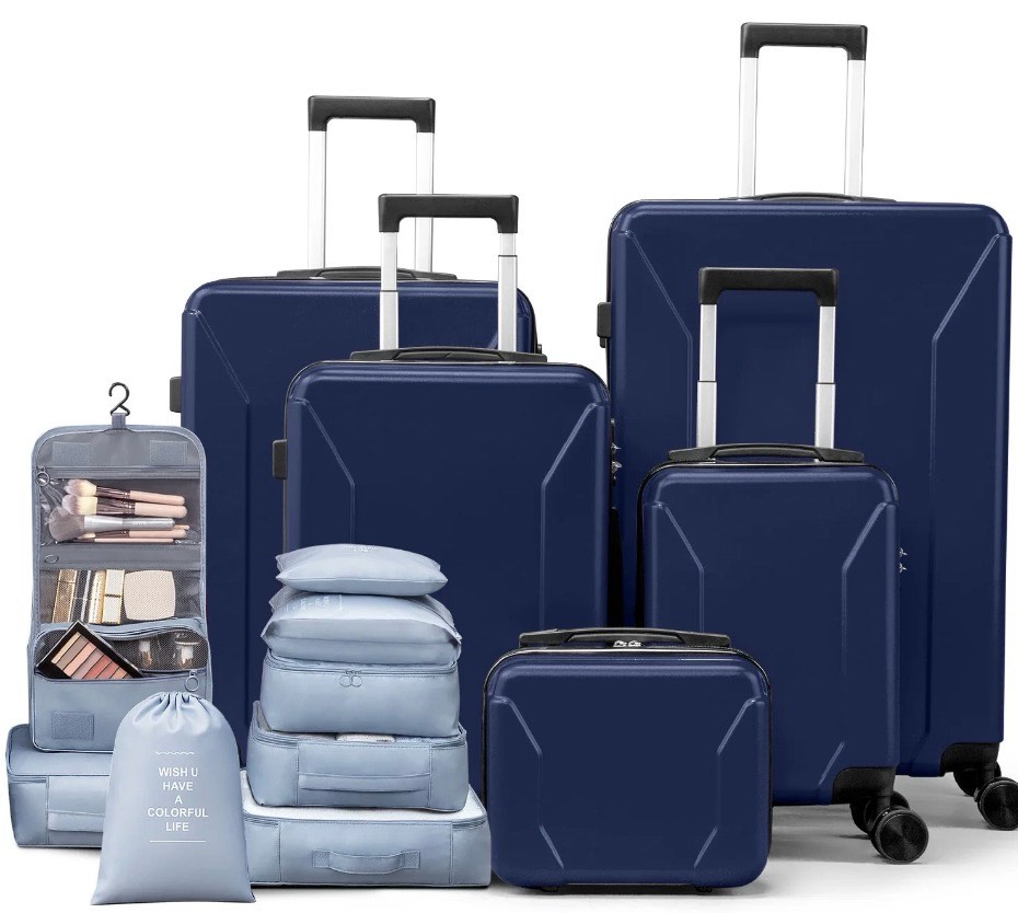 zimtown 5-piece luggage set with 8 packing cubes, hard shell suitcase set with spinner wheels built-in tsa lock, dark blue