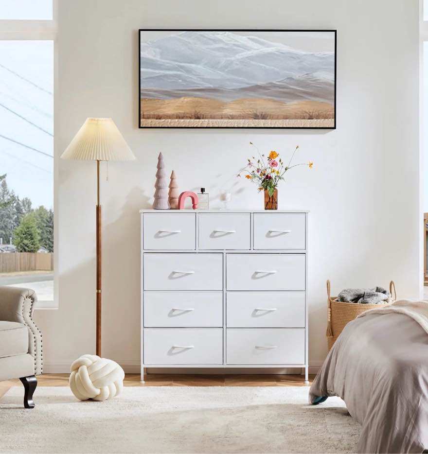 edx fabric storage dresser with 9 drawers, steel frame and wooden top for bedroom, closet and entryway , white