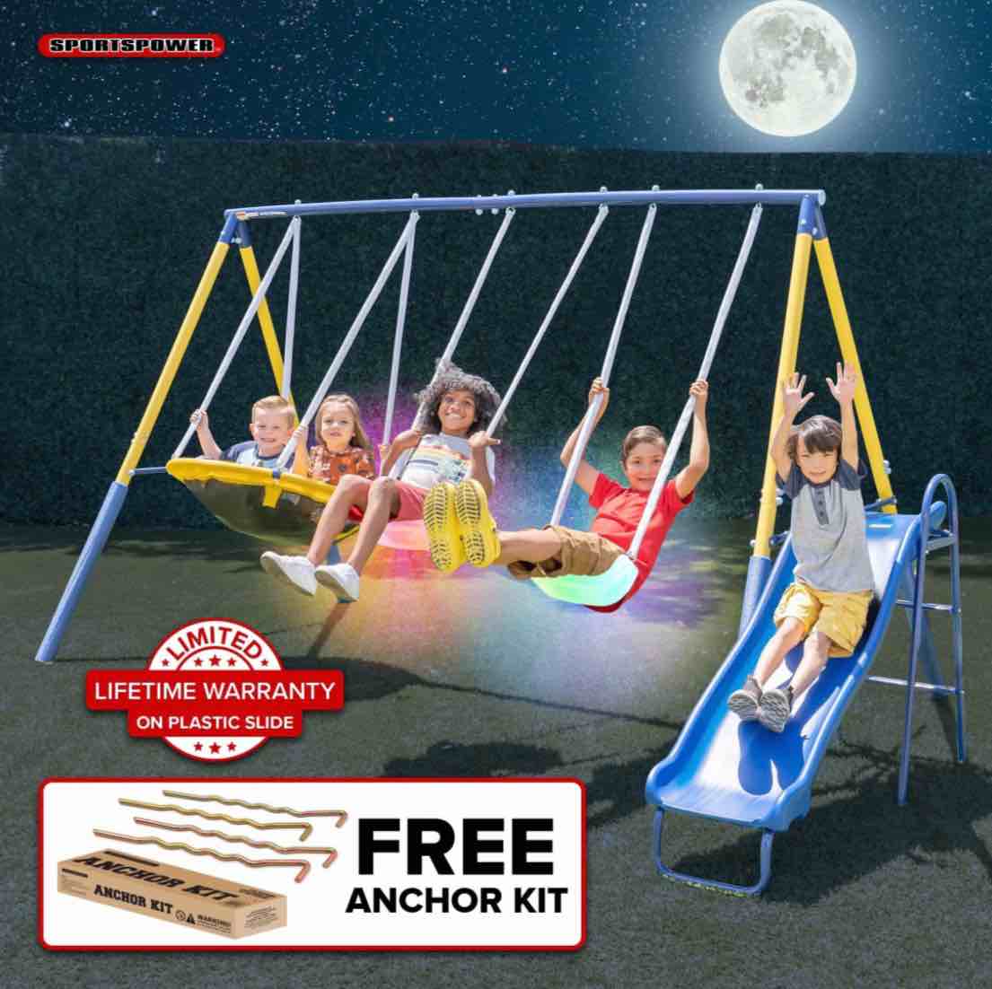 sportspower starlight metal swing set with 2 led swings  saucer swing  lifetime warranty on blow molded slide  and bonus anchor kit
