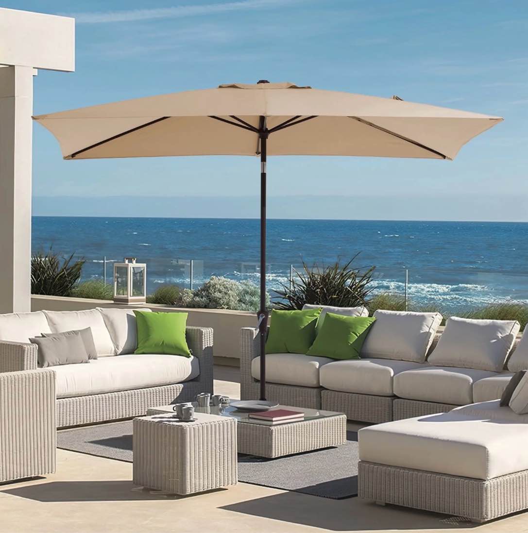 fundaze 8' x 10' rectangular patio umbrella w/ crank, 8 sturdy ribs, outdoor shade for chair table deck garden patio poolside balcony backyard, beige