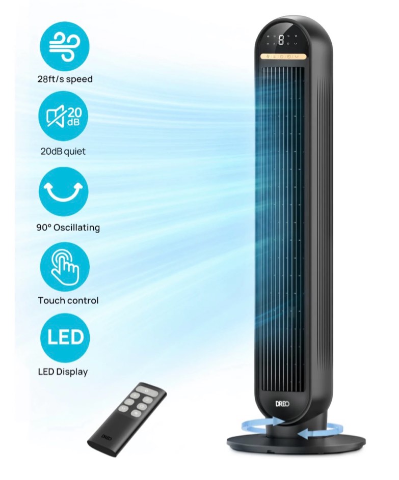 dreo 36 tower fan 20db ultra quiet fans for home 8 speeds & 4 modes 28ft/s powerful airflow 90° oscillating standing fan with remote 8h timer 2026 new upgraded