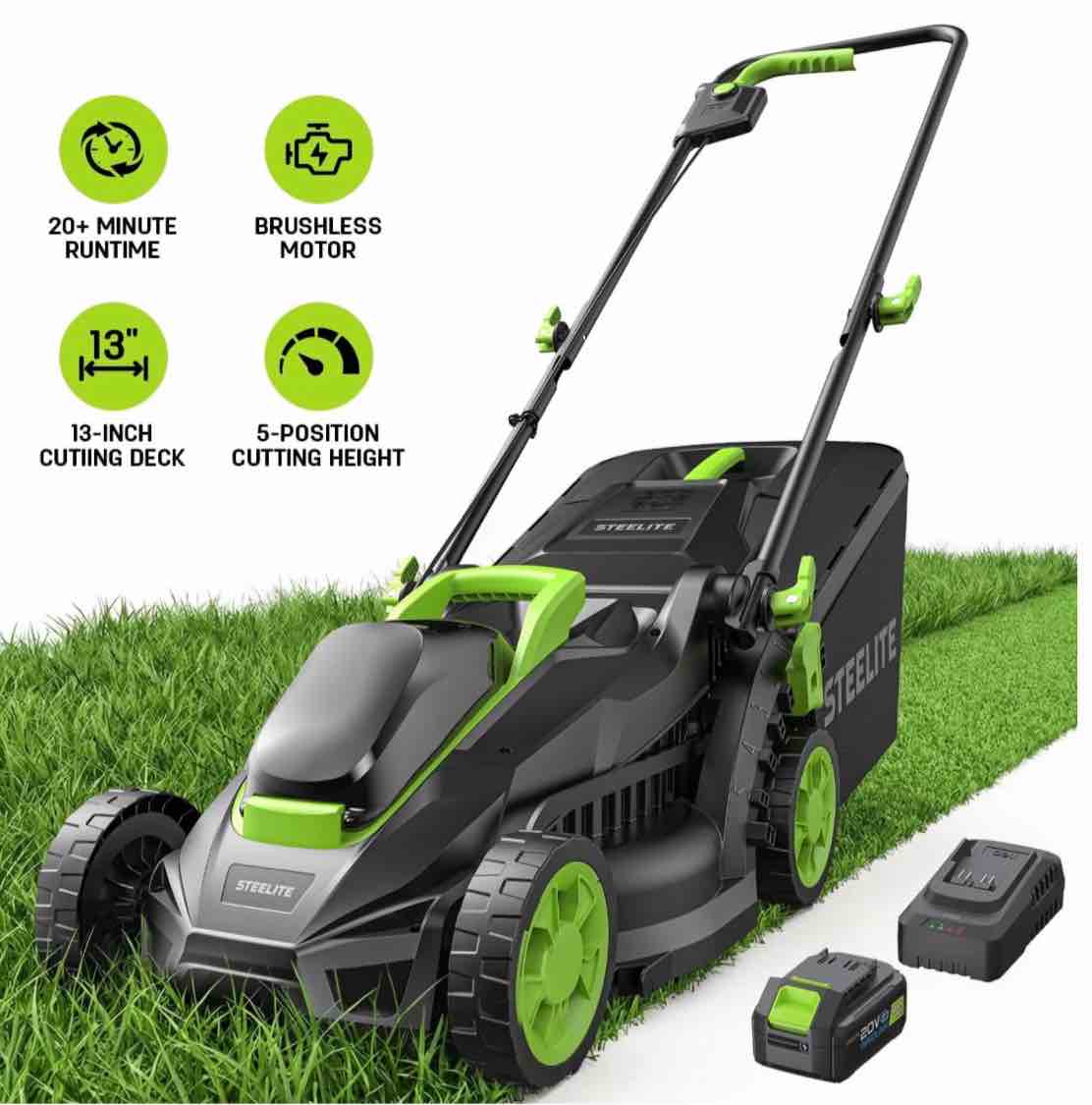 steelite 13-inch cordless lawn mower, 21v electric lawn mowers with brushless motor for garden,5 heights adjustment, 4.0ah (( battery & charger no included. ))
