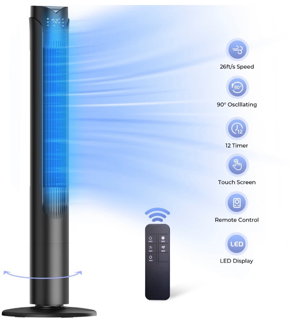 41 tower fan wide oscillating fans with 3 speeds 3 modes 26 ft/s high velocity led display with remote 12h timer for home living room office
