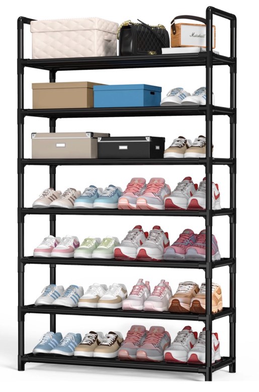 krpimt 7-tier shoe rack, 31.5" stackable shoe organizer storage holds 21-28 pairs, metal shoe shelf for entryway hallway and closet, black