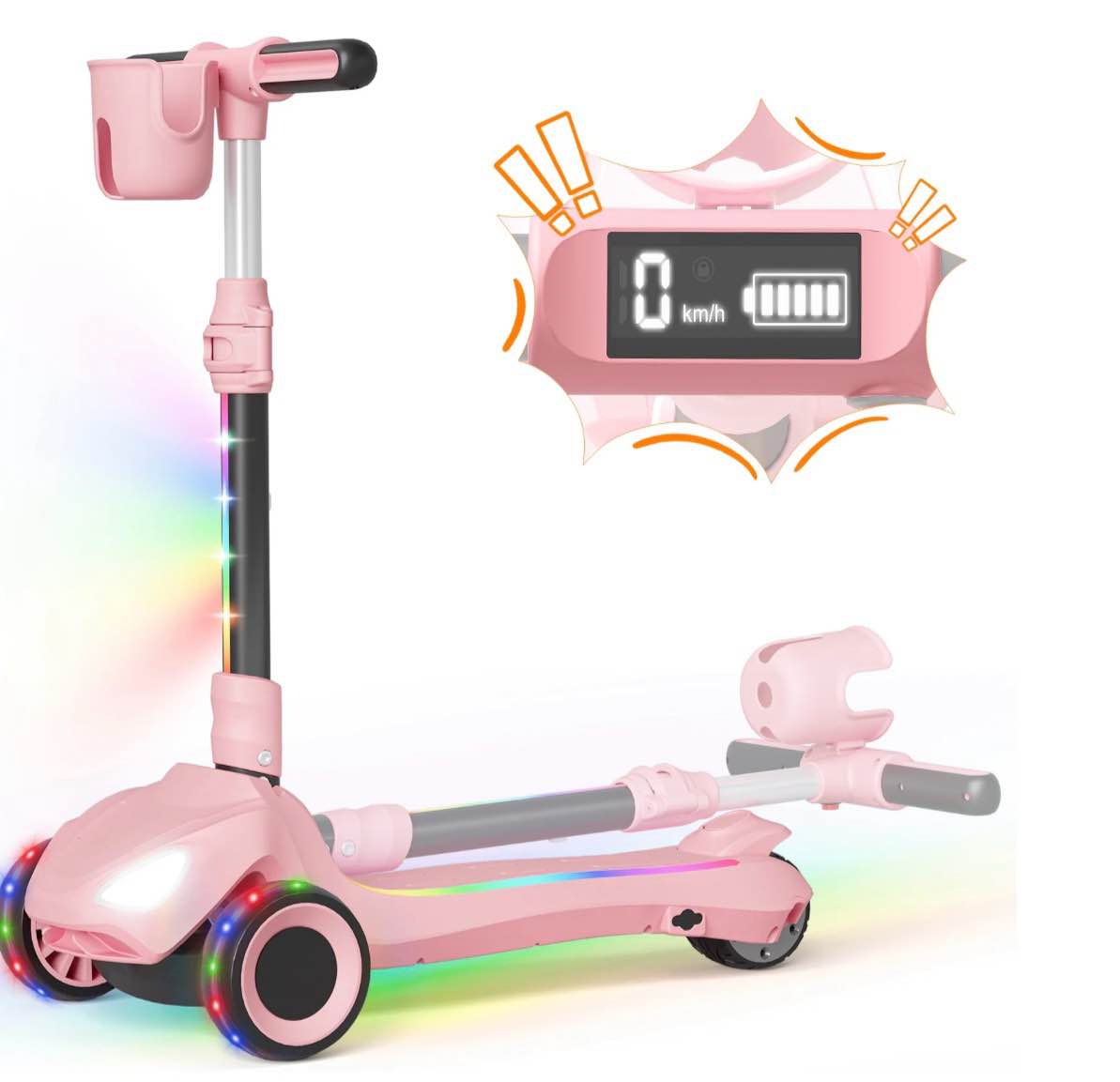 simate electric scooter for kids ages 4-10,thumb accelerator, led lights lcd screen, 3 adjustable height & 3 -wheels electric scooter for girls/boys,5mph