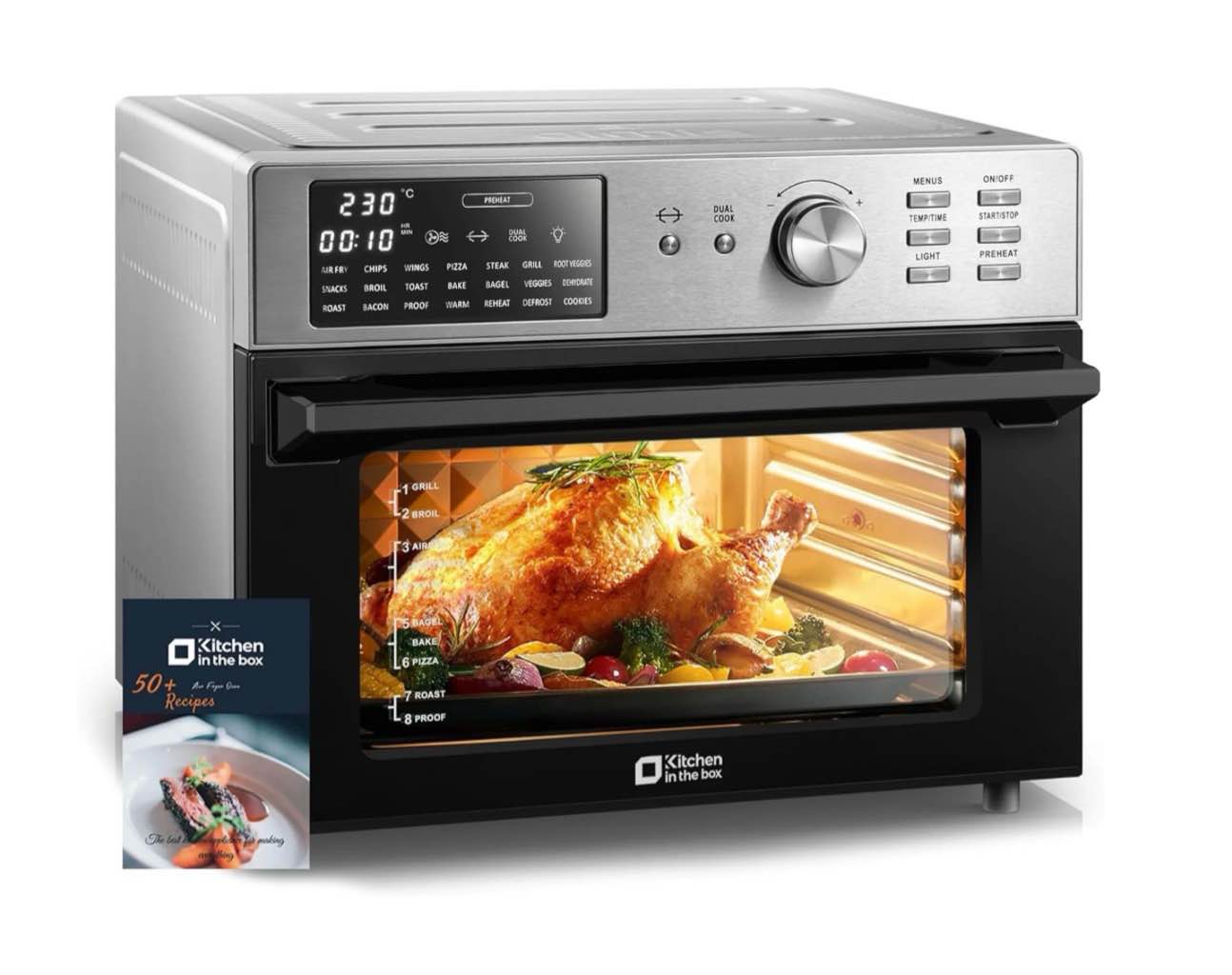 kitchen in the box 32qt digital air fryer toaster oven combo 21-in-1 convection oven with rotisserie & dehydrate family-size countertop oven with 6 accessories 1800w silver