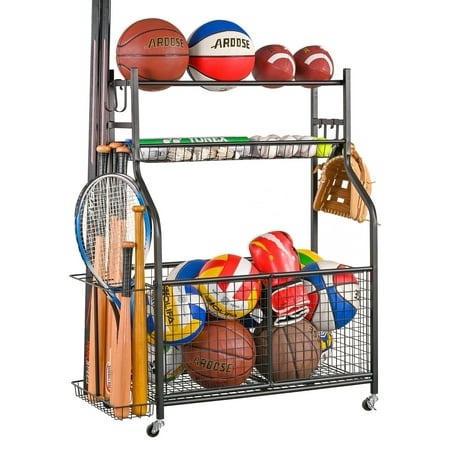 mythinglogic garage sports equipment organizer basketball ball storage with hooks and baskets for indoor outdoor