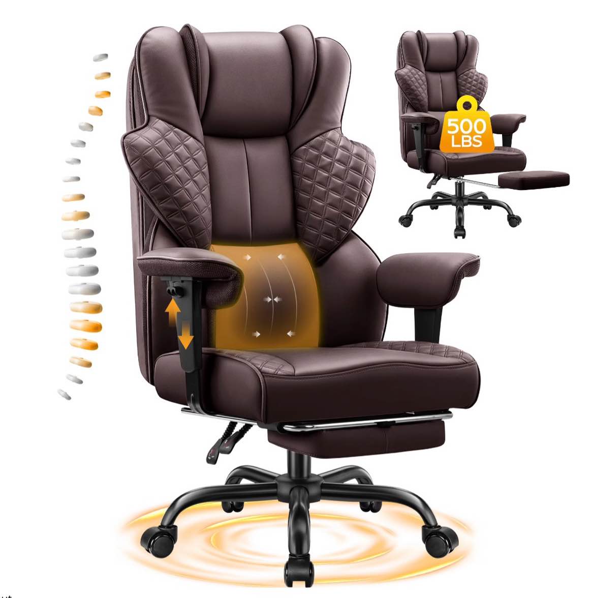 coolhut big and tall office chair 500lbs, heavy duty ergonomic office desk chair with deluxe embossing pu leather with footrest, executive gaming chair with lumbar support, coffee