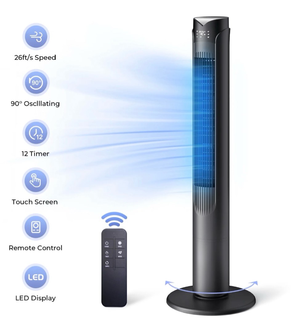 41 tower fan with remote 90° oscillating fans with 3 speeds 3 modes 26 ft/s high velocity led display 12h timer for home living room office