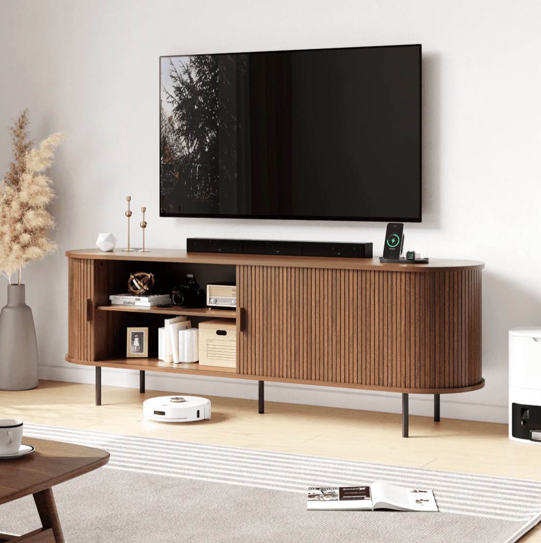 marnur 63" tv stand for 70" tv, wood entertainment center with storage and shelves, 2 sliding tambour doors, mid-century modern, walnut