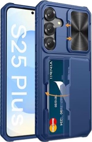 vihibii for samsung galaxy s25 ultra case with card holder (4 cards), [rfid blocking] & slide camera cover & raised edge protect screen, shockproof rugged case for samsung galaxy s25 ultra, blue | with card holder blue s25 ultra