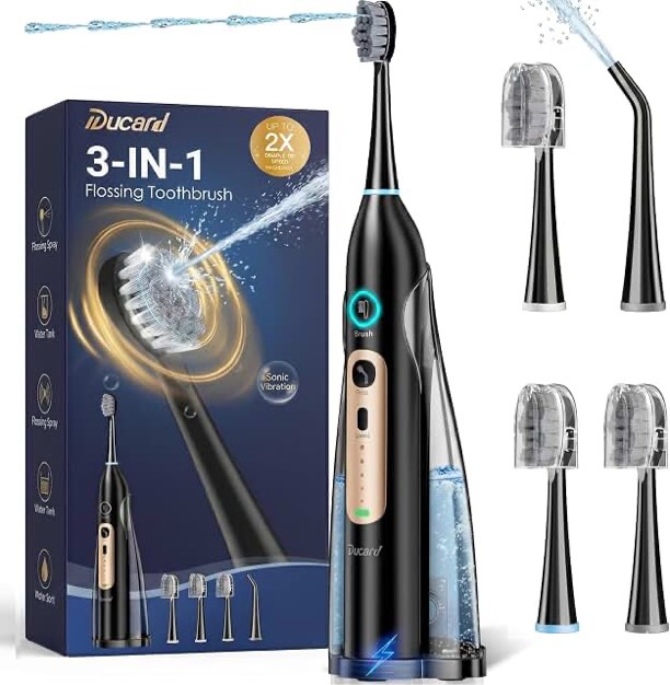 electric toothbrush with water flosser combo, 3-in-1 flossing toothbrush, cordless & rechargeable for travel, braces, sensitive teeth cleaning, 3 modes & 5 speeds, 30-day battery, black