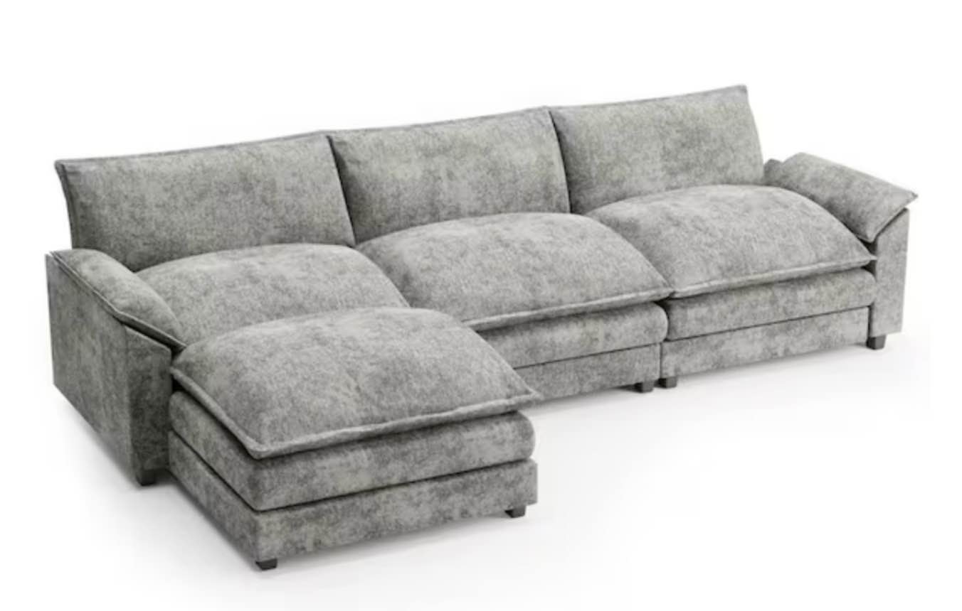 Condition photo showing As Is for 118 in. chenille flared arm l-shaped deluxe pillow-styled modular sectional sofa in paris gray