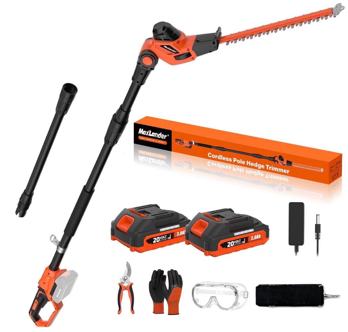maxlander hedge trimmer 18-inch cordless pole hedge trimmer  16-feet max reach hedge trimmer with extension pole  multi-angle adjustable  2 x 2.0ah battery and charger included