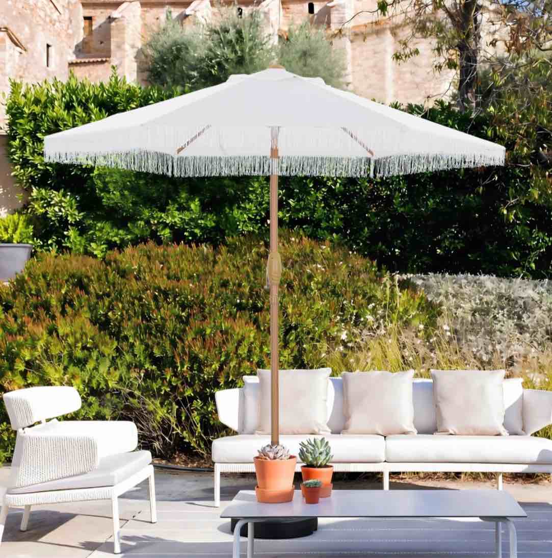 autlaycil 7.5 ft fringe patio umbrella outdoor table tassels umbrella with push button tilt and crank - white