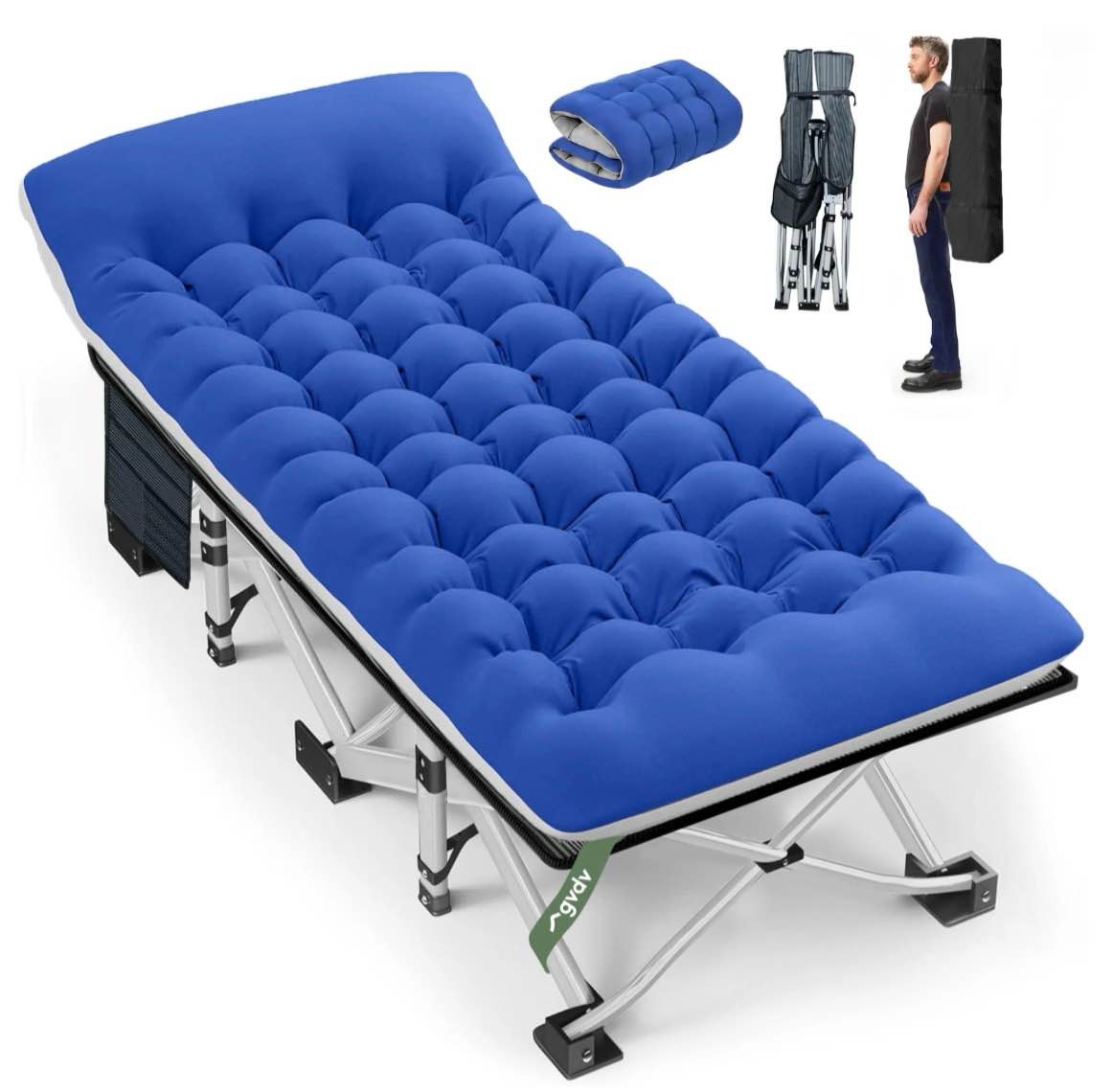 gvdv folding camping cot for adults with 2 sided mattress - 75" x 28" cot, 1200d oxford portable cot bed with carry bag for camp travel guest, blue