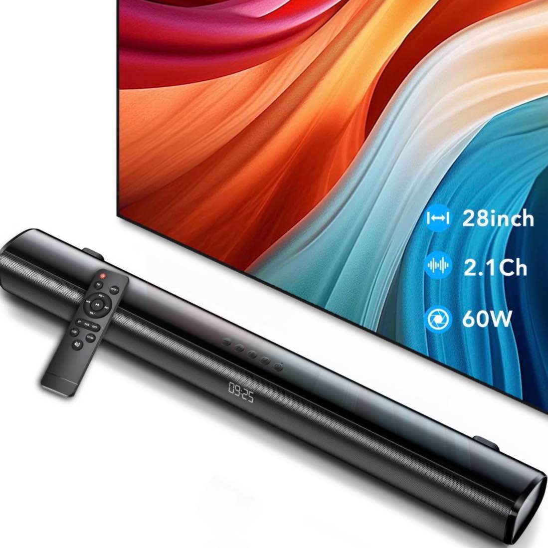 sound bar for tv, 60w soundbar tv speakers, 2.1 ch home theater with subwoofer boost, 3 equalizer modes, soundbar for tv/pc/gaming/projectors, bluetooth, opt, cox, usb & aux wall mountable