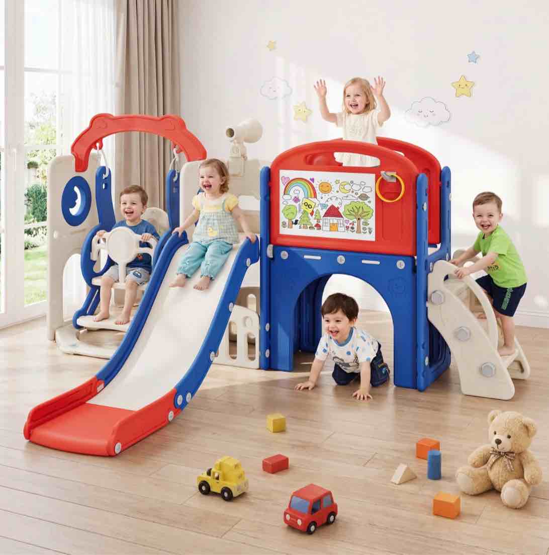 bobiber xl 11 in 1 toddler slide playset for kids, indoor/outdoor toddler playground for ages 1-4 (blue/red)