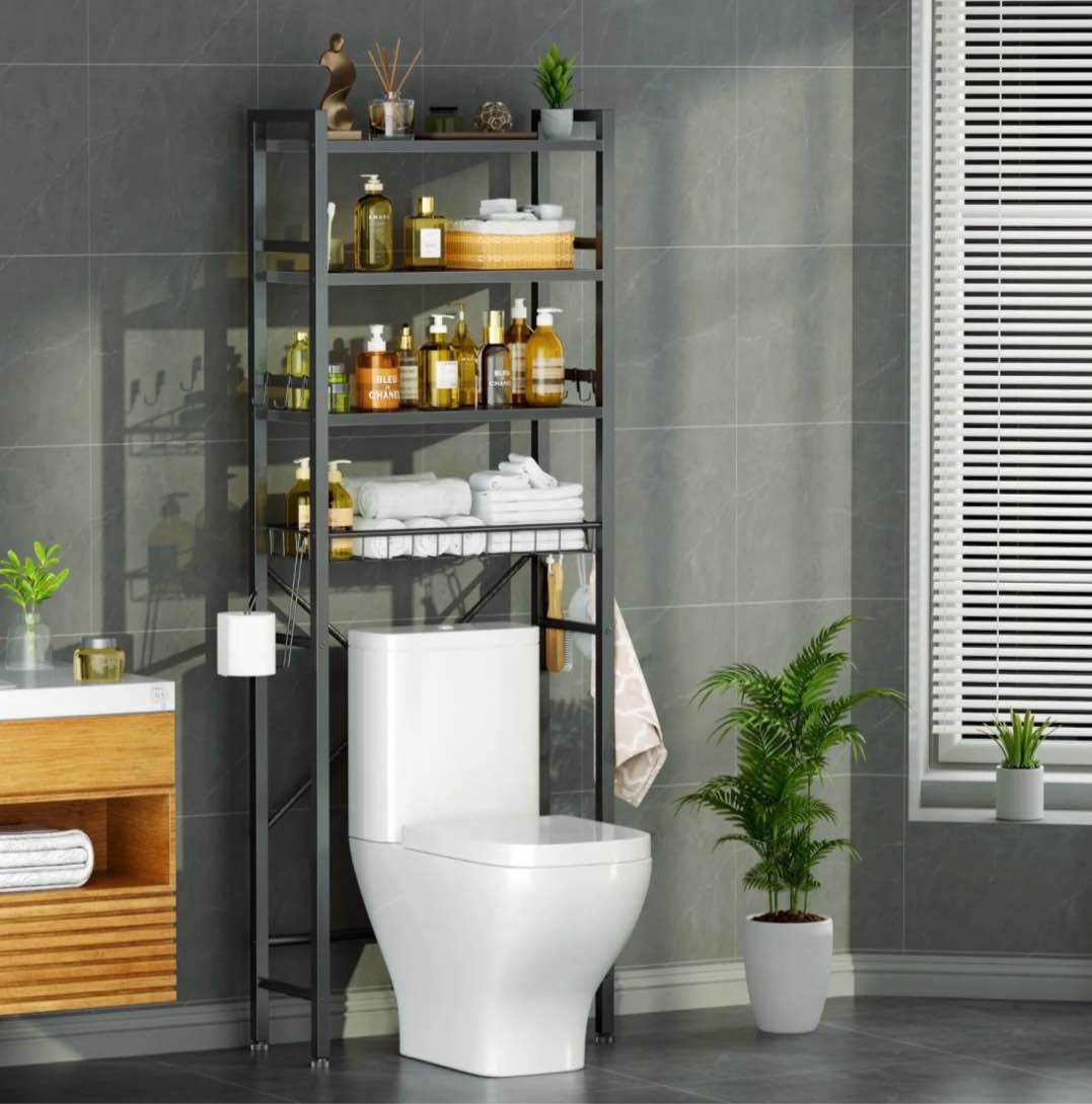 capri over the toilet storage shelf, 4-tier freestanding bathroom organizers and storage, above toilet space saver rack with adjustable shelves, toilet paper holder and 9-hooks, rustic brown