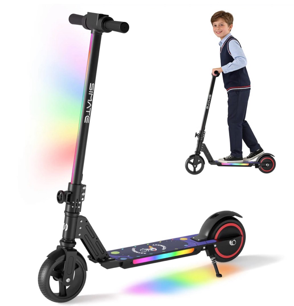 simate electric scooter for kids ages 6-14, kick scooter with led display & colorful lights , dual braking system & foldable,130w powerful motor,top 8.7mph & 5 miles