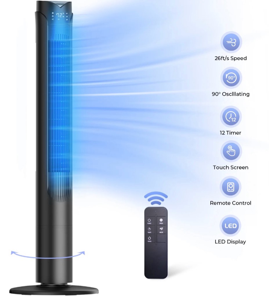 41" tower fan, wide oscillating fans with 3 speeds, 3 modes, 26 ft/s high velocity, led display , 12h timer, for home,living room,office