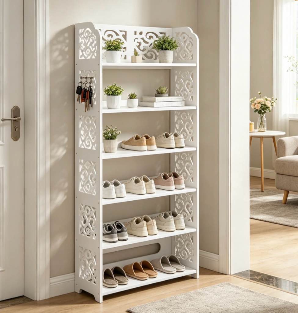 ktaxon 6 tier decorative carved shoe rack shoe shelf closet storage organizer shoe space saving for entryway bedroom living room, white finish