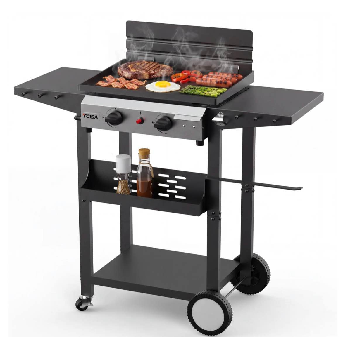 tcisa 2 burner propane gas griddle with standing cart, flat top grill with hood for camping, tailgating, backyard