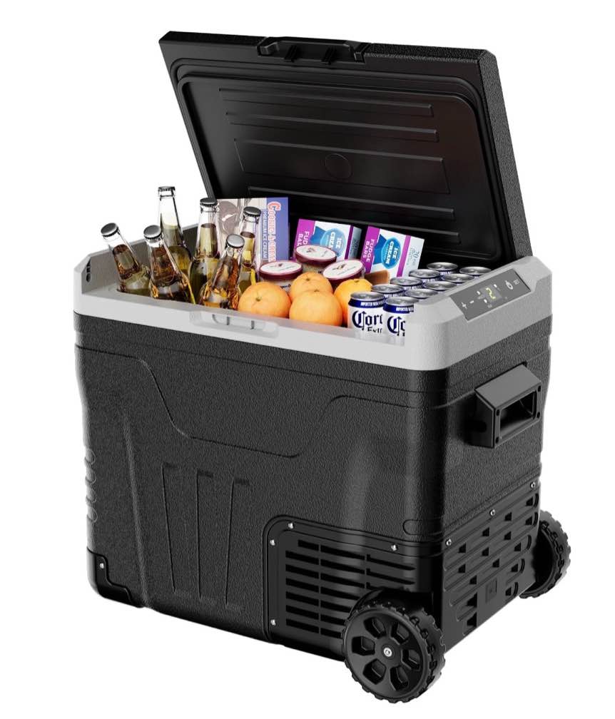 simzlife 12volt portable refrigerator 53qt(50l) car fridge dc & ac -4?~68? freezer fridge cooler with wheels & 2 baskets for rv travel truck