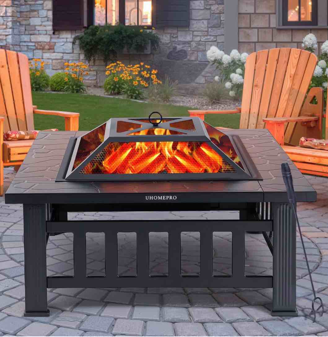 fire pits for outside, 32" wood burning fire pit tables with screen lid, poker, bbq net, ice tray, food clip and cover, backyard patio garden outdoor fire pit/ice pit/bbq fire pit, black