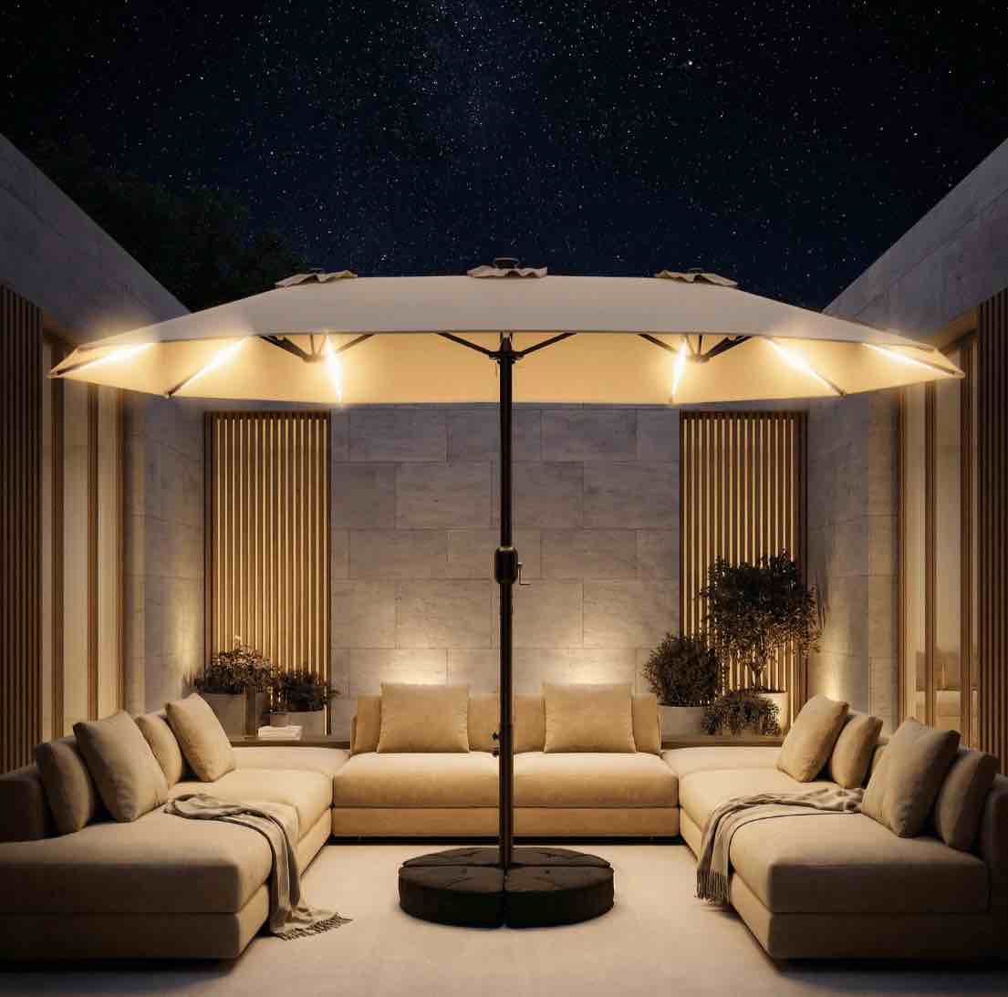 taskbay 15ft patio umbrella with solar led lights double-sided rectangle outdoor umbrella with base included large backyard & garden umbrella beige