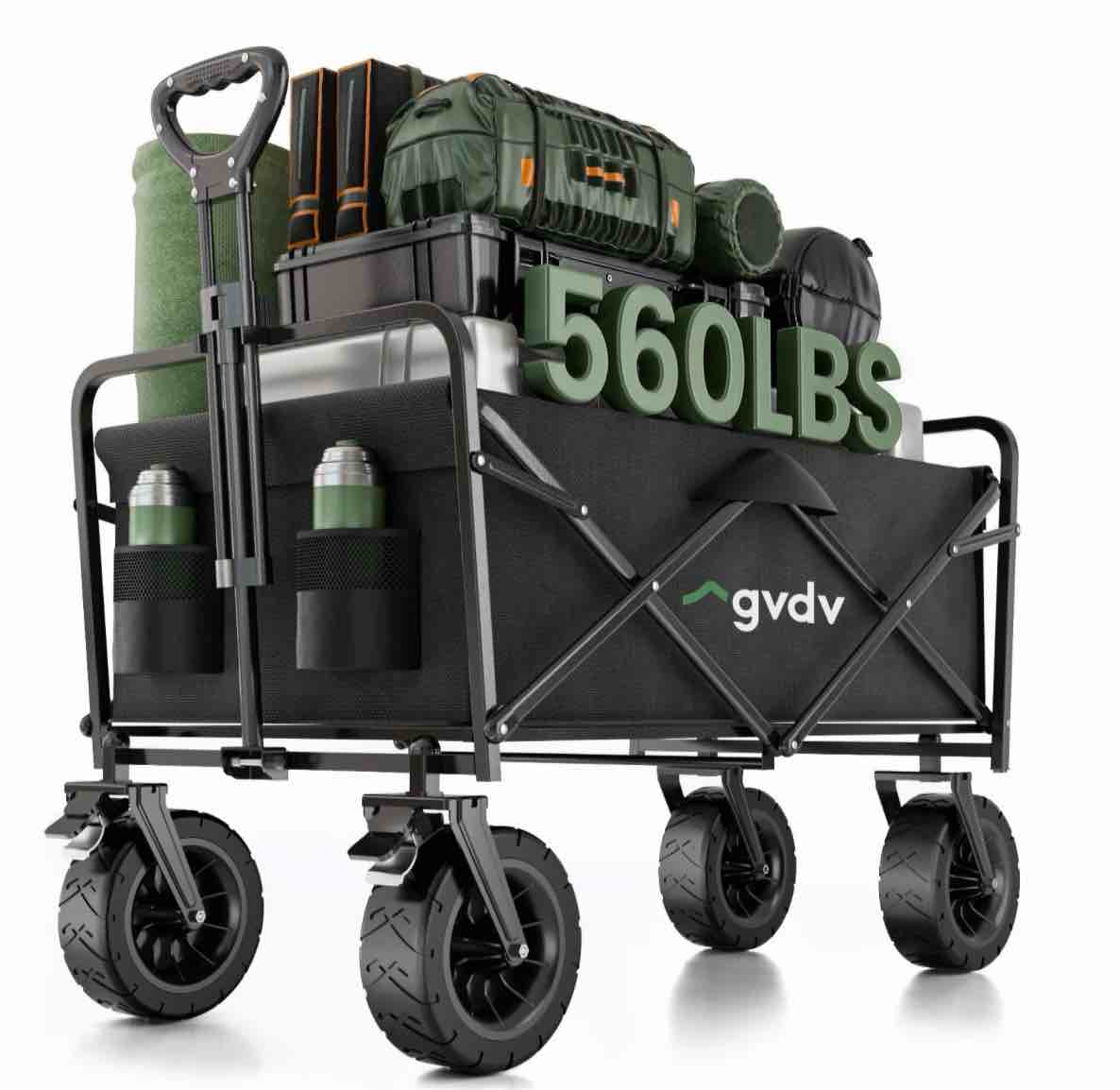 gvdv collapsible folding wagon, 550lbs large heavy duty utility cart with all-terrain wheels and adjustable handles for shopping, camping, sports, outdoor, beach, black