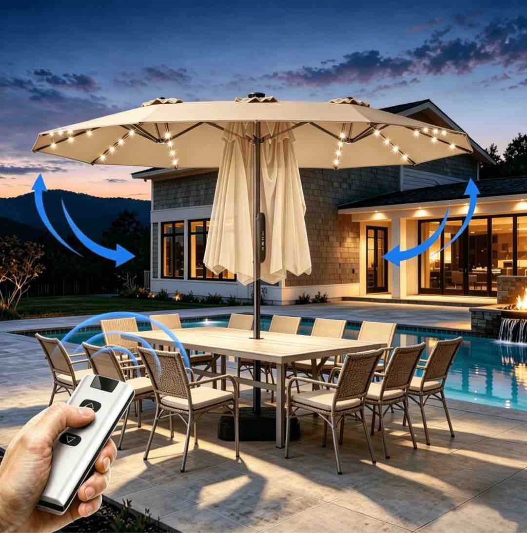 15ft smart electric patio umbrella, large double sided rectangular outdoor patio umbrella with light and base for lawn, garden, backyard,beige