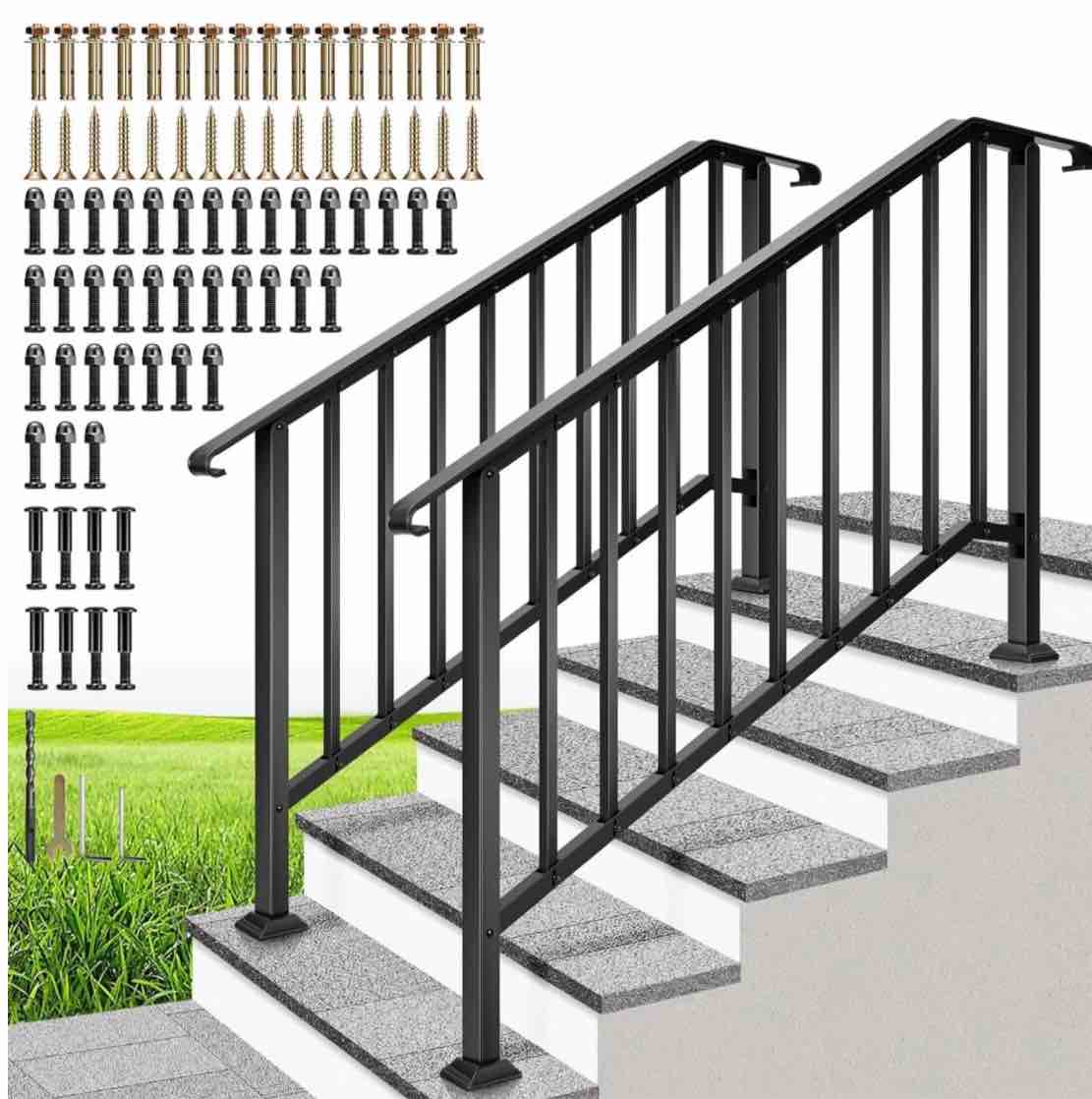 specstar 2-pack galvanized steel hand rails for outdoor steps – 54.1 curved ends and safety balusters exterior railing kit (5-step black)