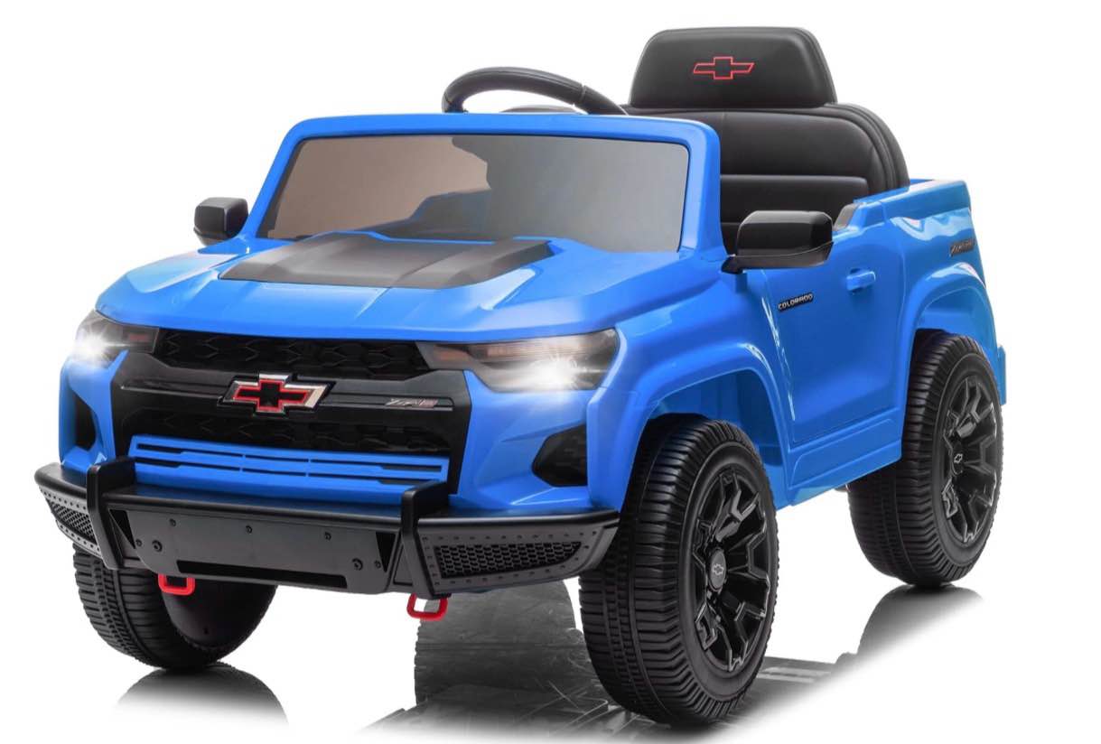 ubesgoo 12v licensed chevrolet colorado electric ride on car toy for toddler kid w/ remote control led lights blue
